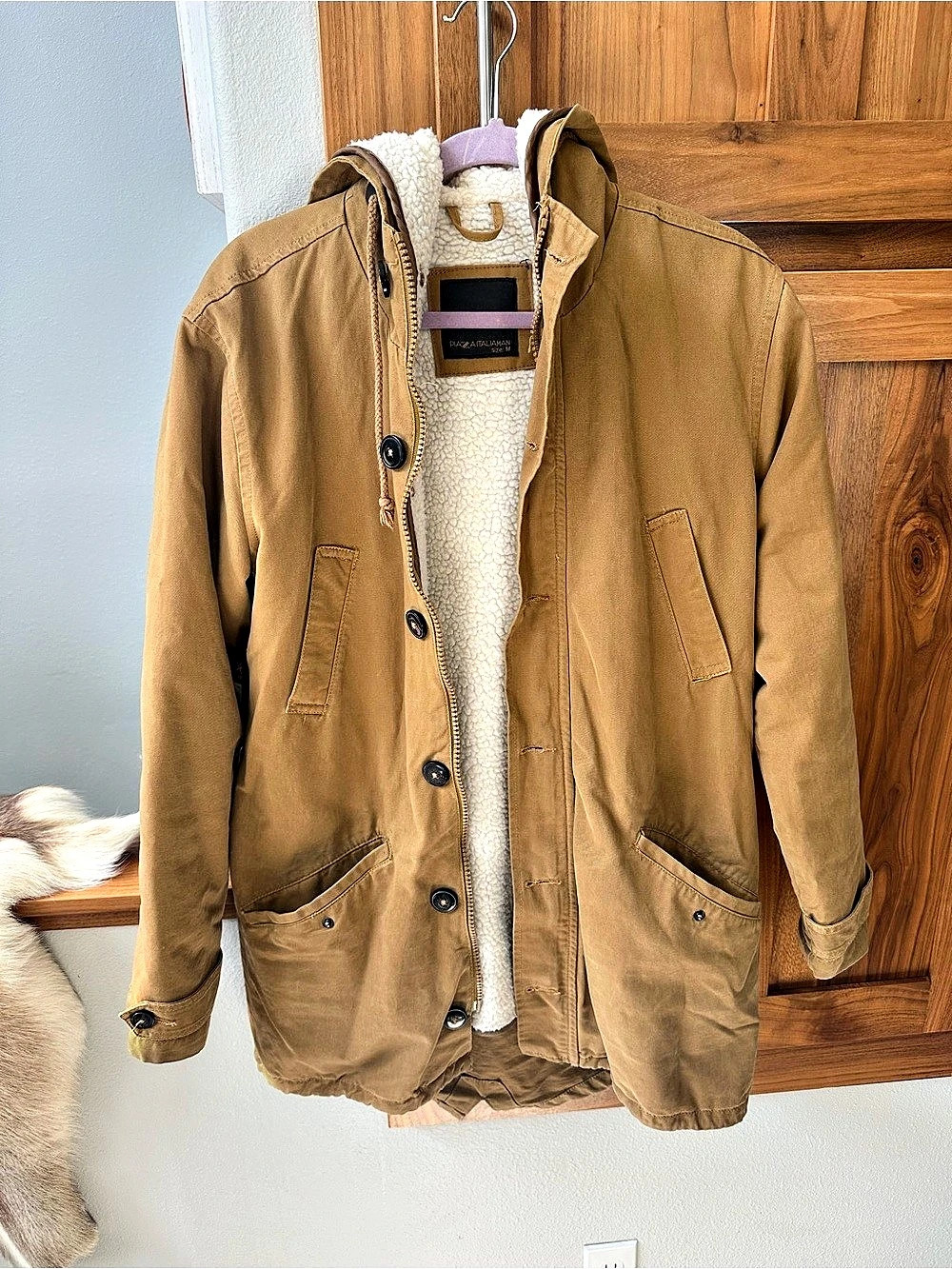 Piazza Italia Fleece-Lined Hooded Parka Brown & Cream Medium